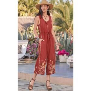 Johnny Was Elia Tie Linen Jumpsuit in the color Adobe (rust red) NWOT
